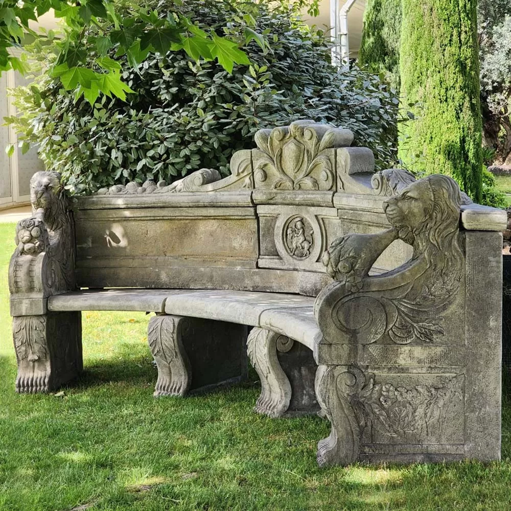 Cast Stone Lion Head Large Bench