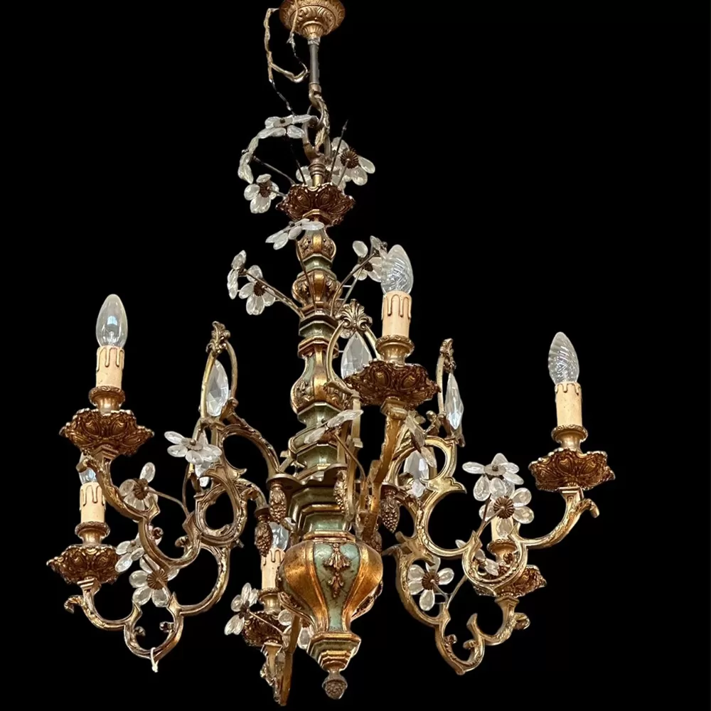 Chandelier with Old Crystal Detail, Gilded Wooden Body and Bronze Arm