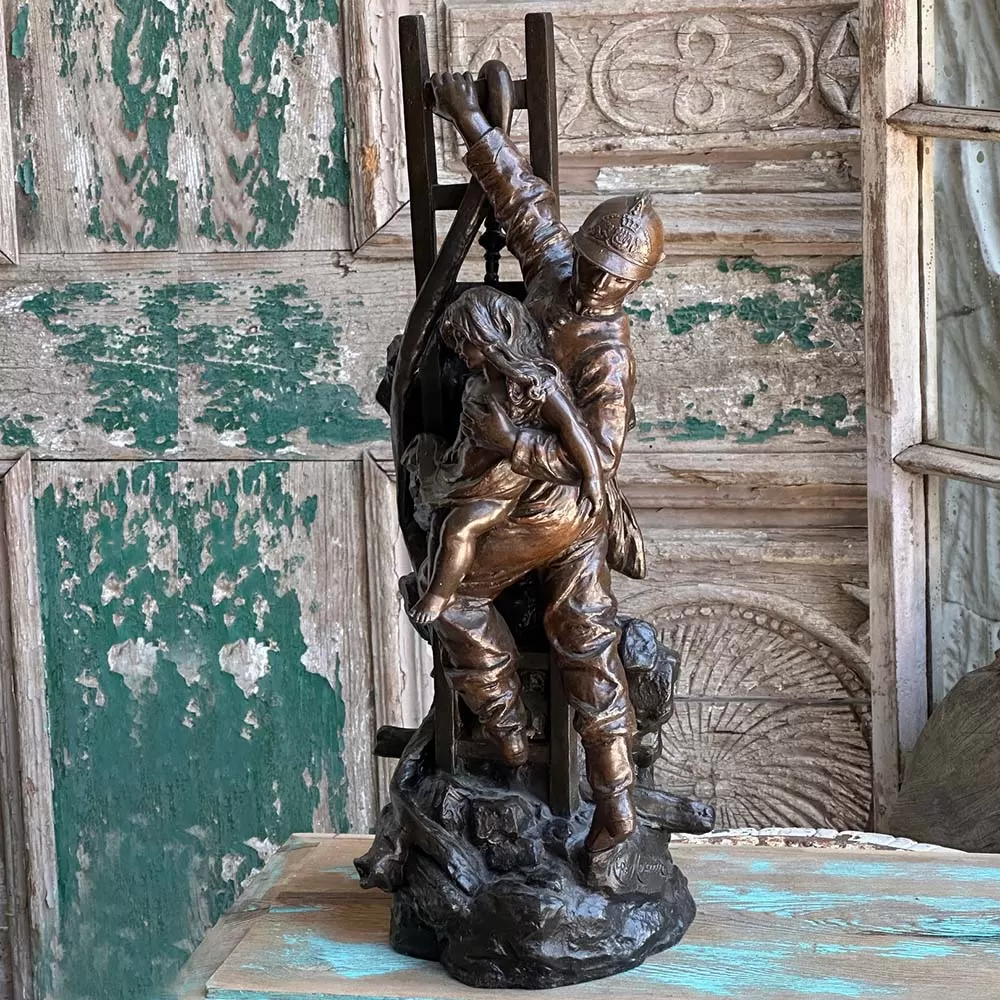 Fireman And Child Spelter Sculpture