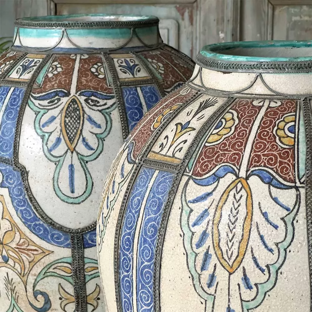 Vintage Moroccan Glazed Earthenware And Metal Vase