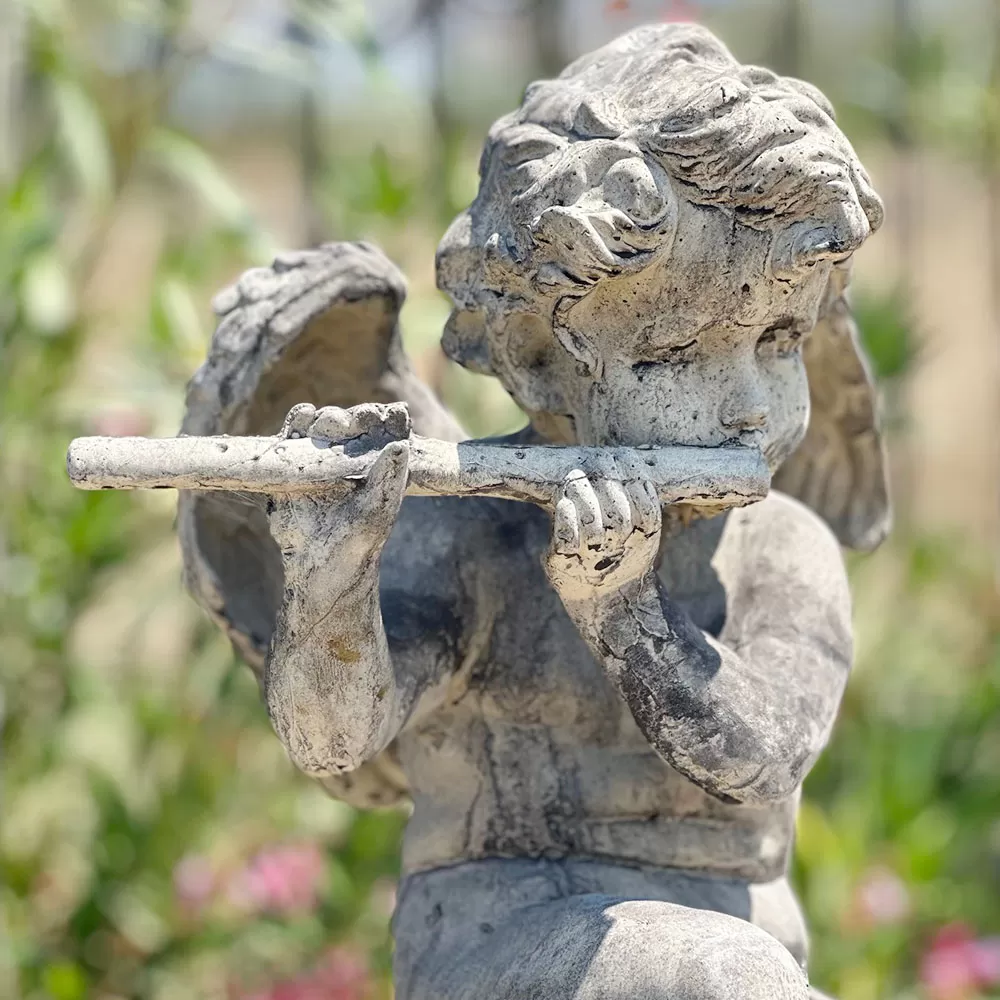 Cast Stone Angel Statue Playing Flute