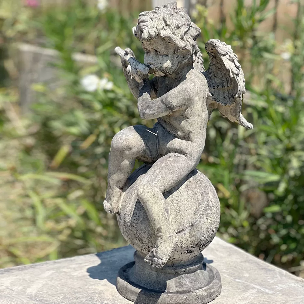 Cast Stone Angel Statue Playing Flute