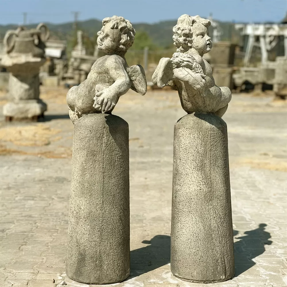 Beton Döküm Kaideli Çift Melek Heykeli