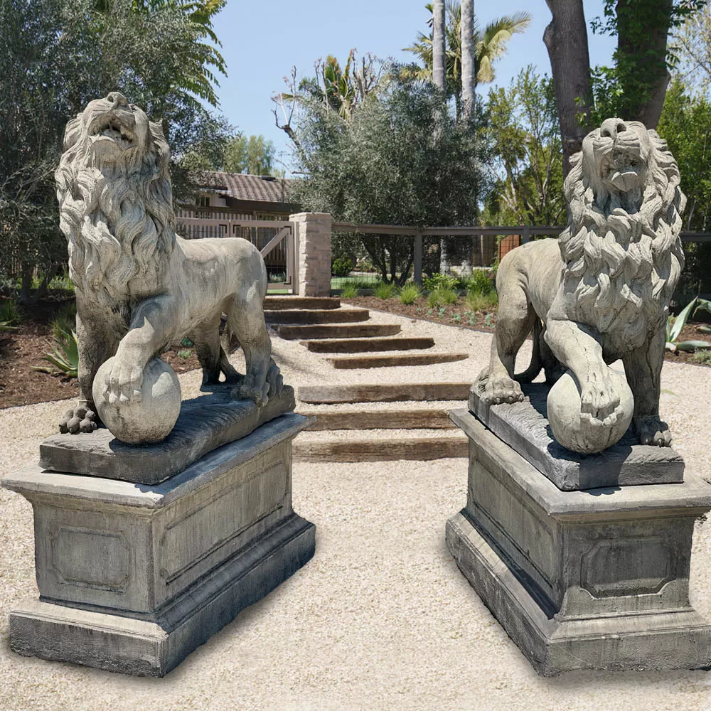 Cast Stone Couple Lion Statue and Base