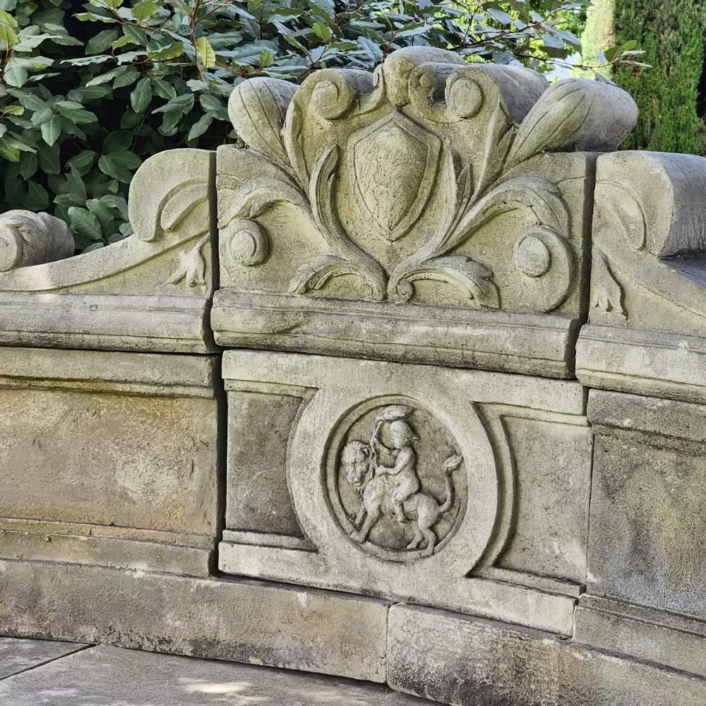 Cast Stone Lion Head Large Bench
