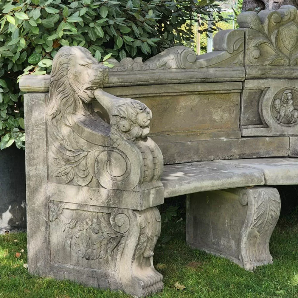 Cast Stone Lion Head Large Bench