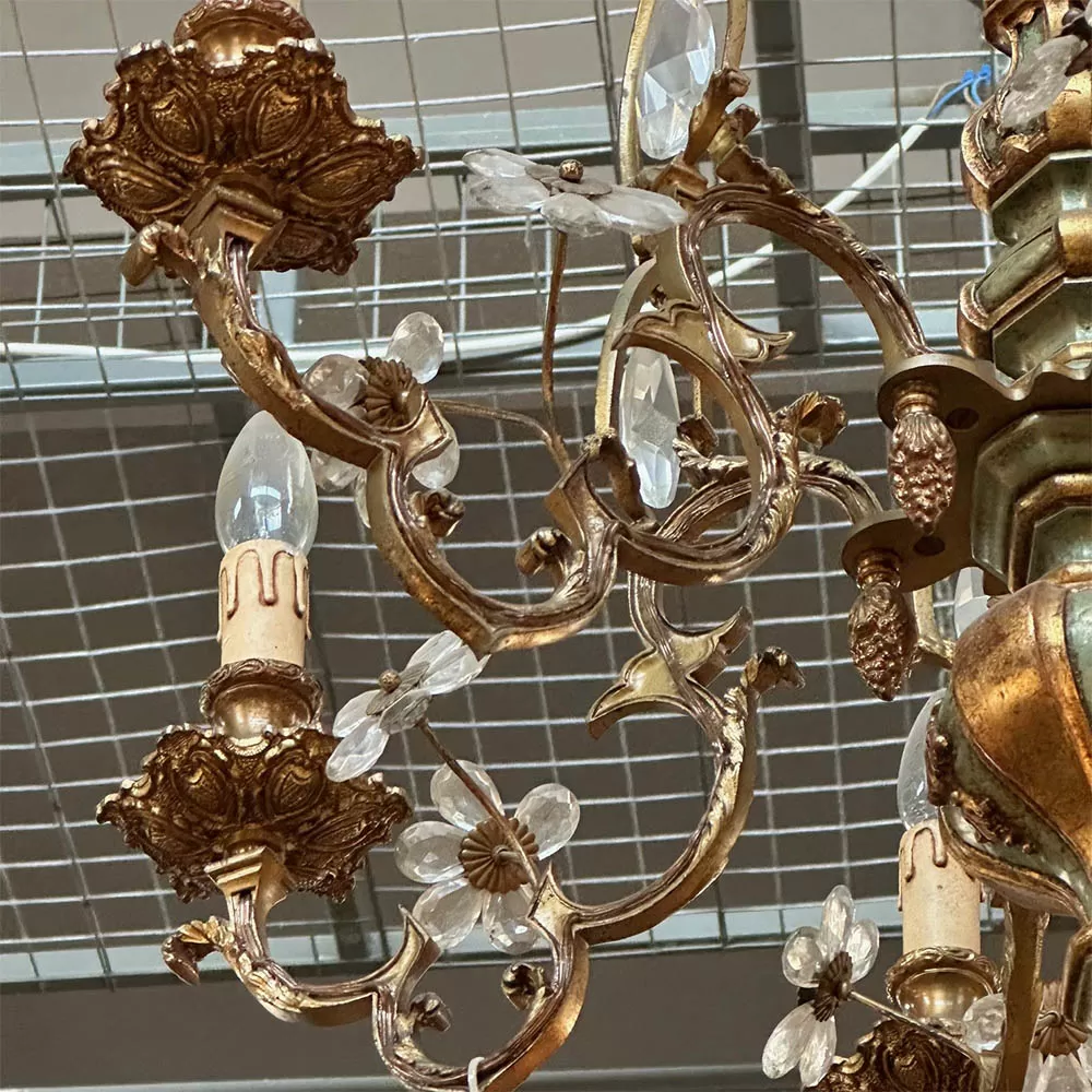 Chandelier with Old Crystal Detail, Gilded Wooden Body and Bronze Arm