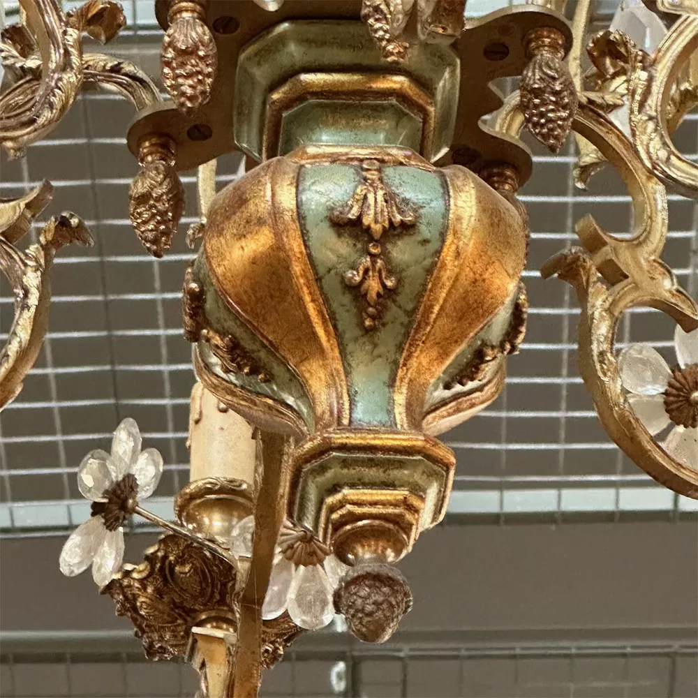 Chandelier with Old Crystal Detail, Gilded Wooden Body and Bronze Arm