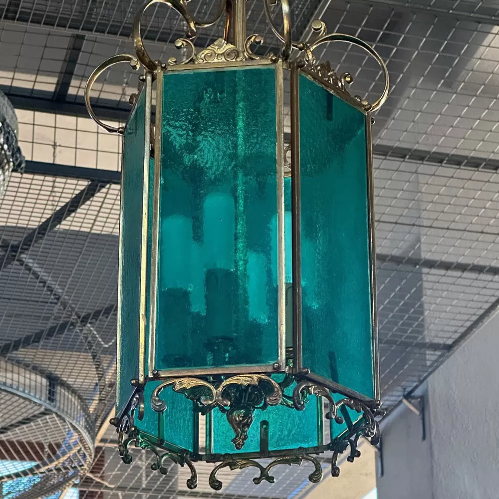 Bronze Lantern Chandelier with Turquoise Glass