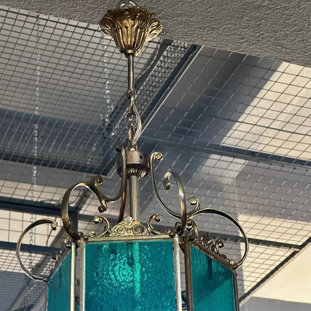 Bronze Lantern Chandelier with Turquoise Glass