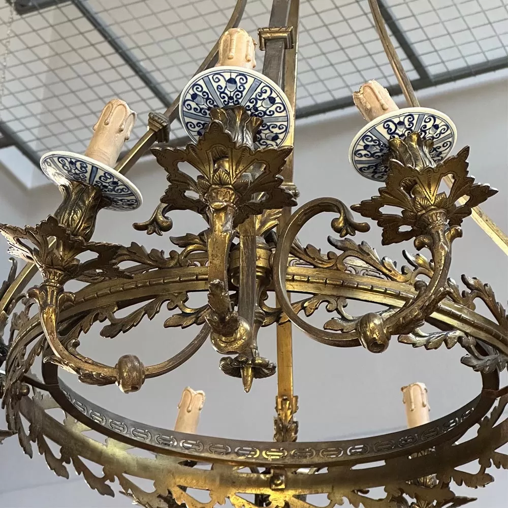 Old Large Bronze Chandelier with Delft Porcelain Detail