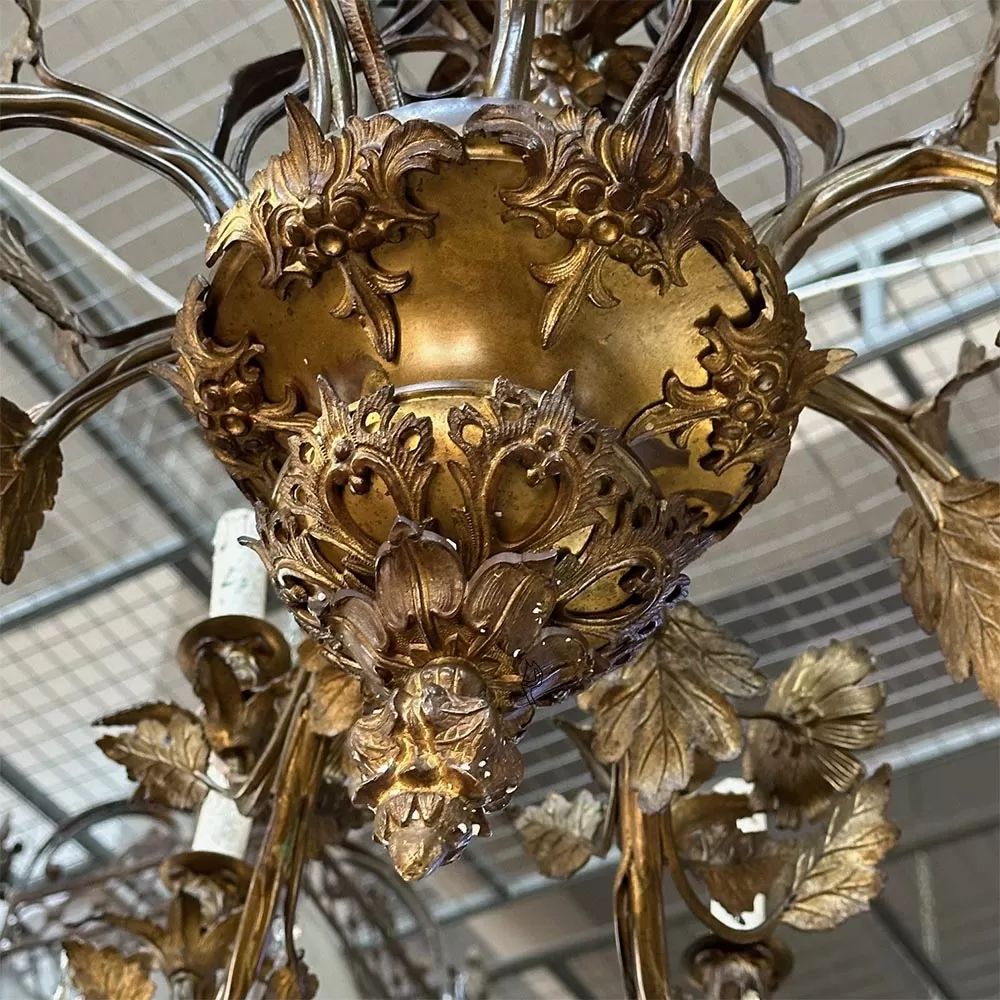 Large Chandelier with Old Bronze Crystal and Opalin Detail