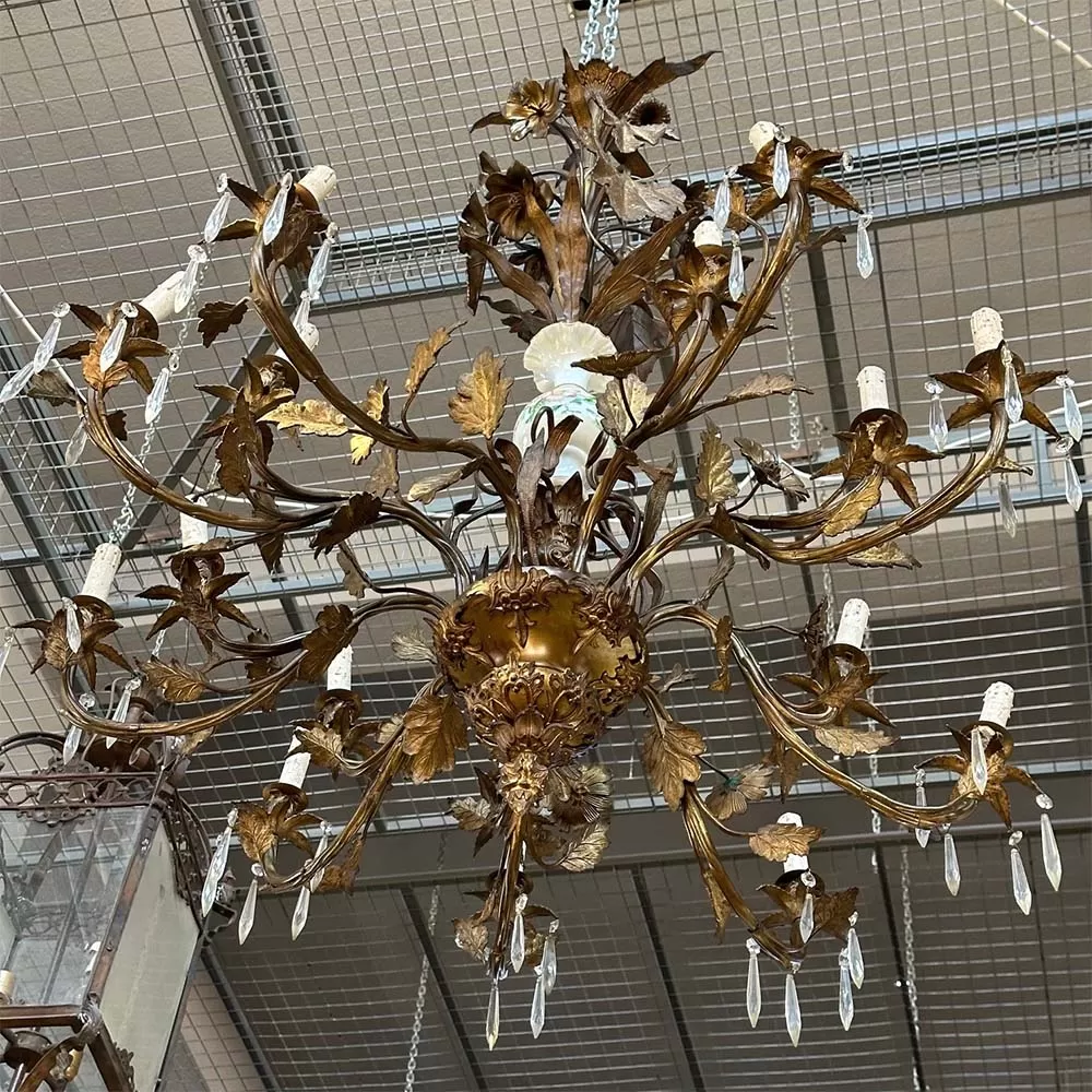 Large Chandelier with Old Bronze Crystal and Opalin Detail