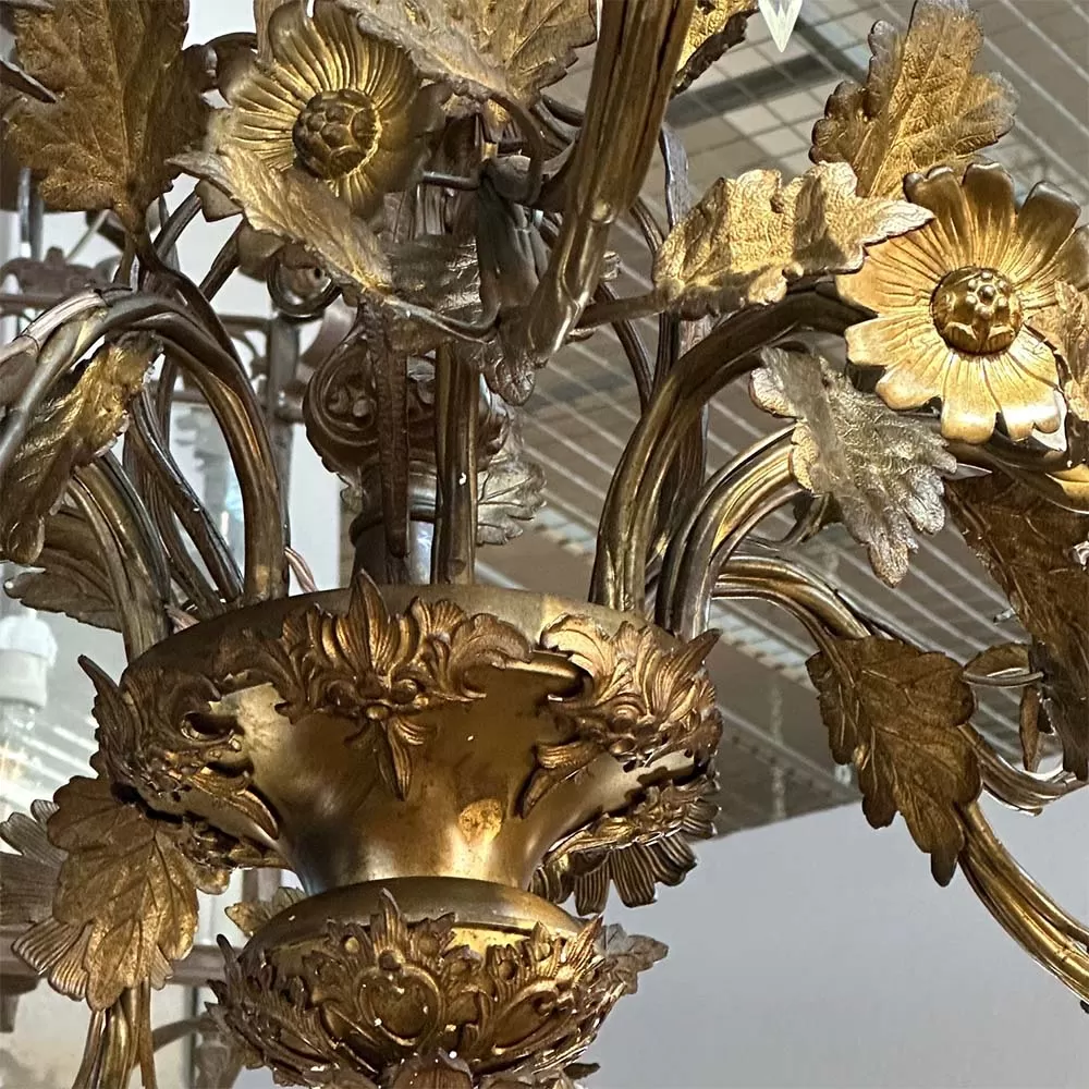 Large Chandelier with Old Bronze Crystal and Opalin Detail