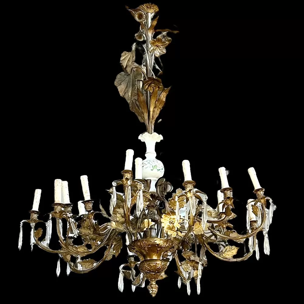 Large Chandelier with Old Bronze Crystal and Opalin Detail