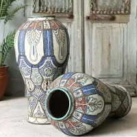 Vintage Moroccan Glazed Earthenware And Metal Vase