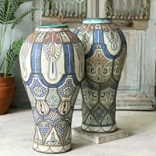 Vintage Moroccan Glazed Earthenware And Metal Vase