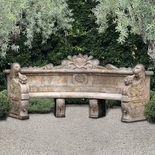 Cast Stone Lion Head Large Bench