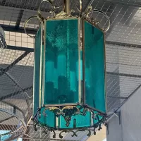 Bronze Lantern Chandelier with Turquoise Glass