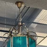 Bronze Lantern Chandelier with Turquoise Glass