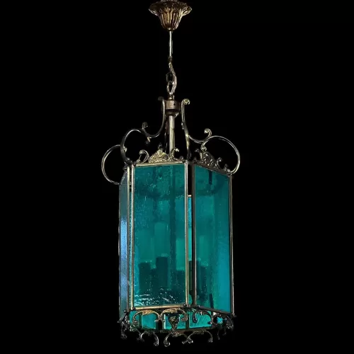 Bronze Lantern Chandelier with Turquoise Glass