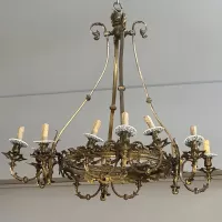 Old Large Bronze Chandelier with Delft Porcelain Detail