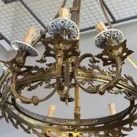 Old Large Bronze Chandelier with Delft Porcelain Detail