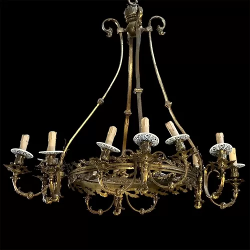 Old Large Bronze Chandelier with Delft Porcelain Detail