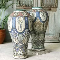 Vintage Moroccan Glazed Earthenware And Metal Vase