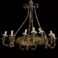 Old Large Bronze Chandelier with Delft Porcelain Detail